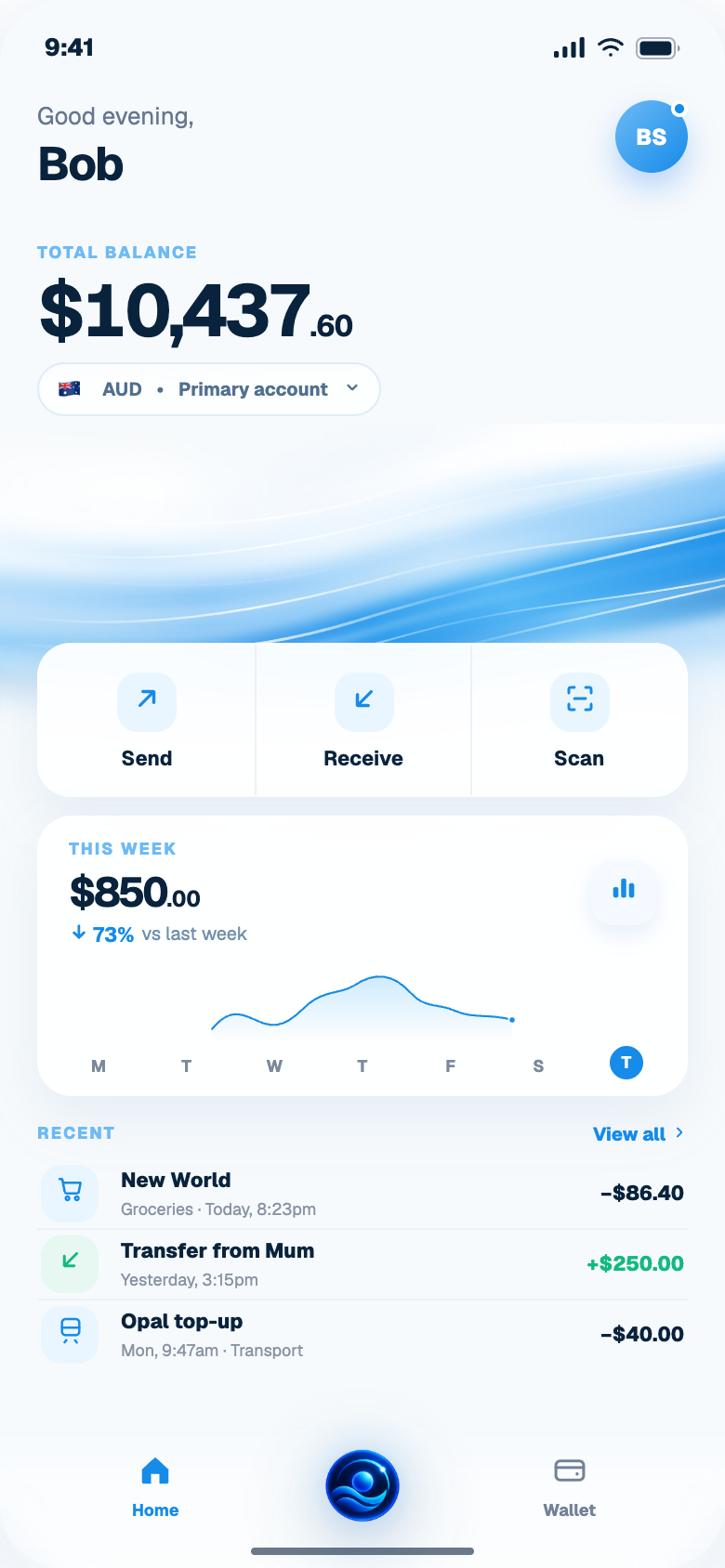 DUA app home showing account balance and recent activity