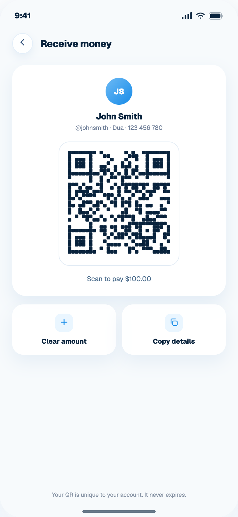 DUA business QR payment screen
